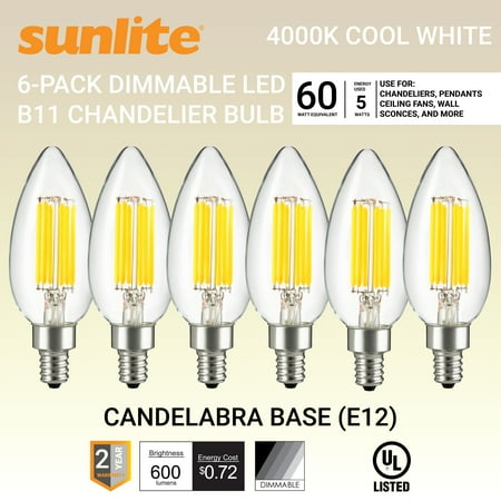 

Sunlite LED Edison B11 Torpedo Tip Chandelier Light Bulb 5 Watts (60W Equivalent) Candelabra E12 Base Dimmable UL Listed 4000K Cool White 6 Pack