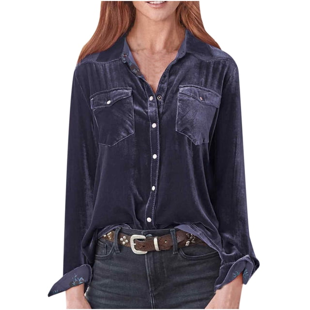 Mujeres Cozy Retro Manga larga Cuello en V Terciopelo Botones sólidos Pokets Camisas sueltas Top Fridja FKASFK6133