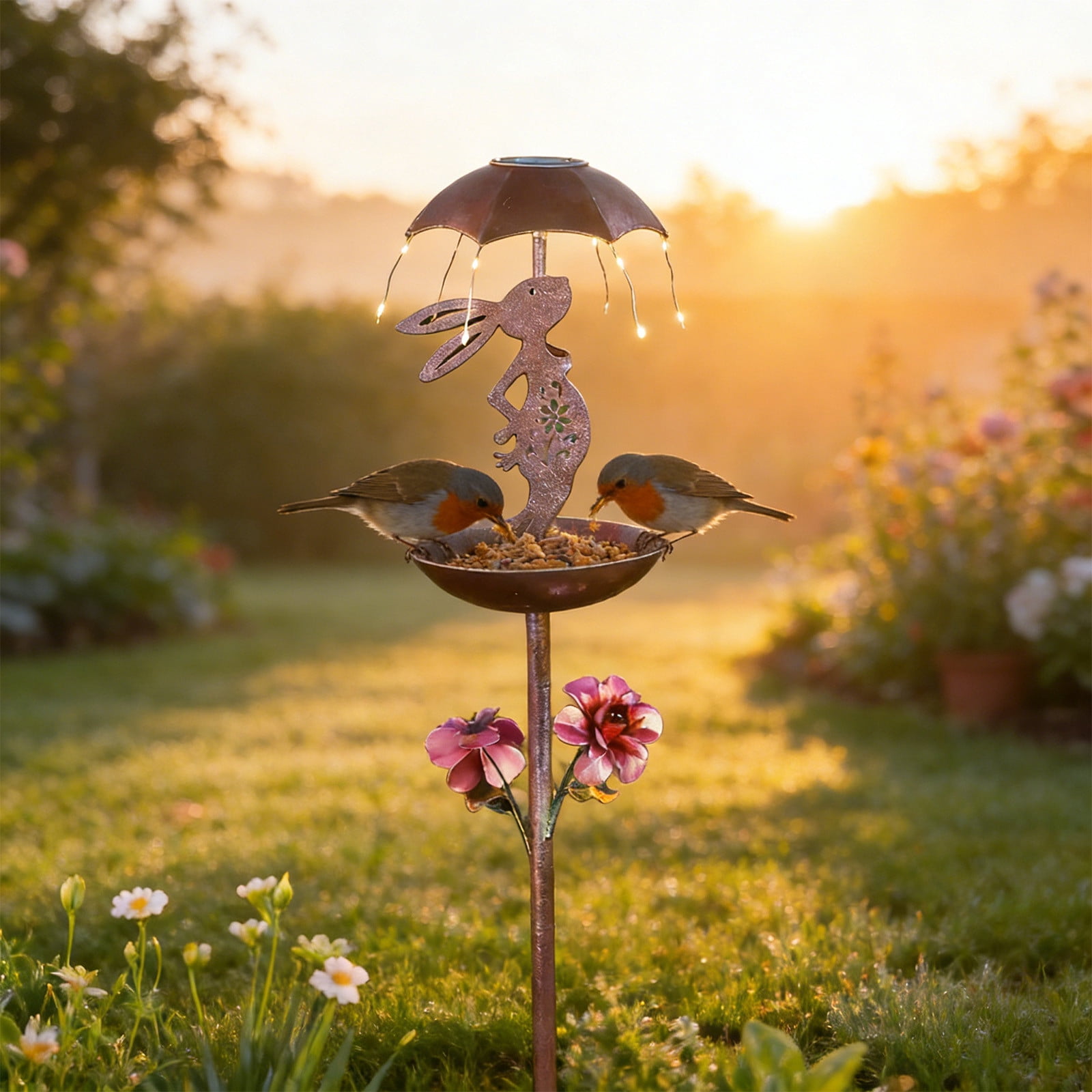Solar Bird Feeder Iron Bunny Umbrella Stake with Solar Powered Light for Garden Yard Patio Outdoor Metal Ground Decor Easter Spring Wrought Iron