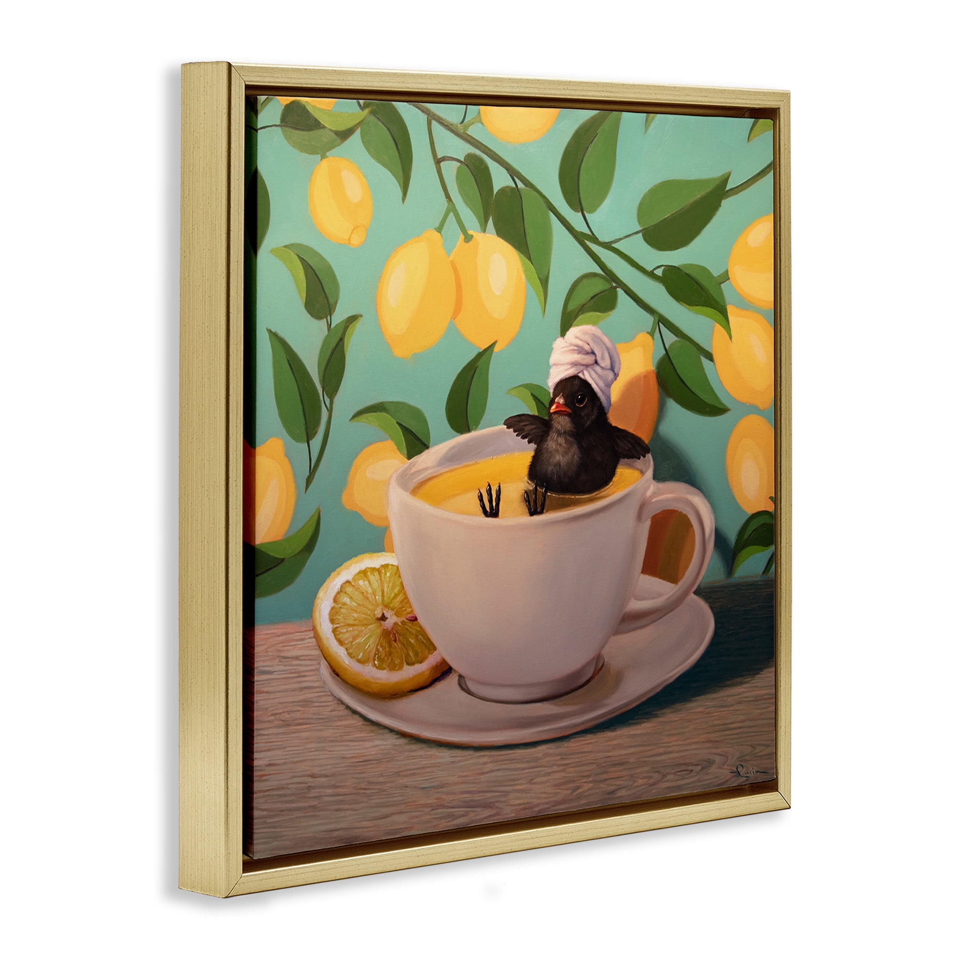 Stupell Industries Bird Bathing Lemon Tea Animals & Insects Painting Gold Floater Framed Canvas Art Print Wall Art, 25 x 25