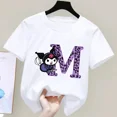 thumbnail image 3 of Camiseta de manga corta de verano para niños de Sanrio con letras de la A a la Z de Kuromi Anime, ropa suave con forma de corazón para niñas, regalo de cumpleaños kawaii, 3 of 5
