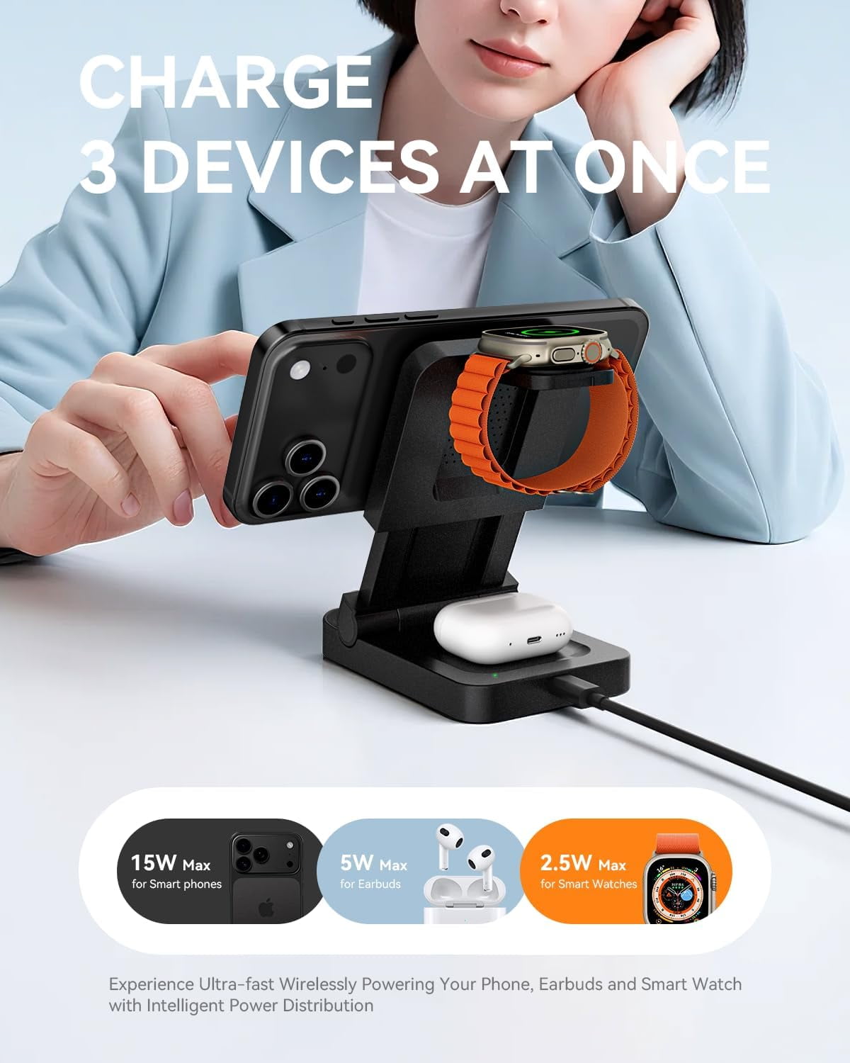 3-in-1 Foldable & Retractable Wireless Charger Station, 15W Fast Magnetic Charging, Portable Fast Charging Stand,Compatible with Mag Safe Charging for i Phone17/16/15/14/13/12,i Watch,Air Pods(Black)