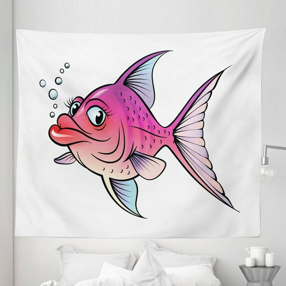 Fish Tapestry, Cartoon Style Smiling Female Goldfish with Plump Lips Underwater Comic, Fabric Wall Hanging Decor for Bedroom Living Room Dorm, 5 Sizes, Hot Pink Fuchsia Purple, by Ambesonne