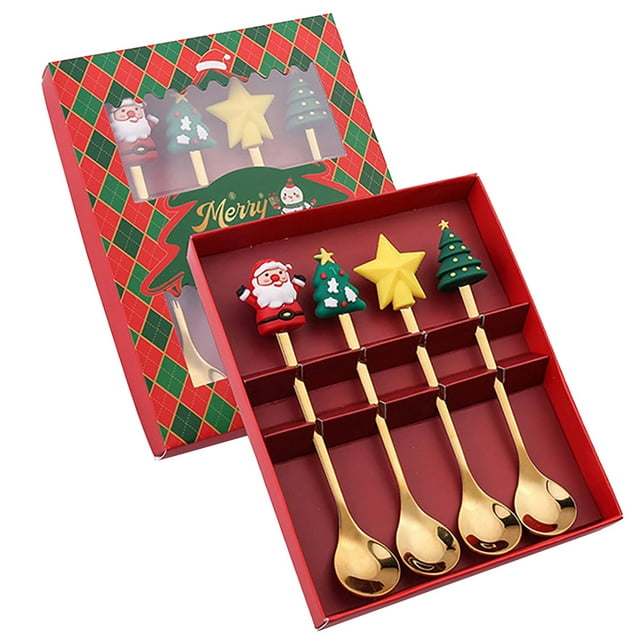 Gkeoshab Tableware Christmas Tableware Set Stainless Steel Spoon Gift Set Dessert Spoon Fork Coffee Spoon Christmas Pendant Spoon Tableware Set Gift Home & Garden