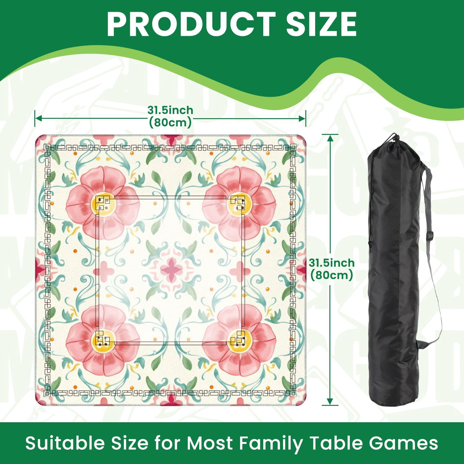 Mahjong Mat 31.5" x 31.5" Floral Watercolor Pink Flowers Swirling Vines Non-Slip Noise Reduction American Mahjong Tiles Table Cover for Dominoes Poker Card Board Games Gift