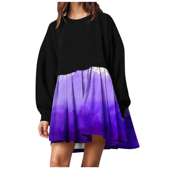 Cameland Dress for Women Crewneck Long Sleeve Color-block Pleated Dress Fall Winter Mini Dresses