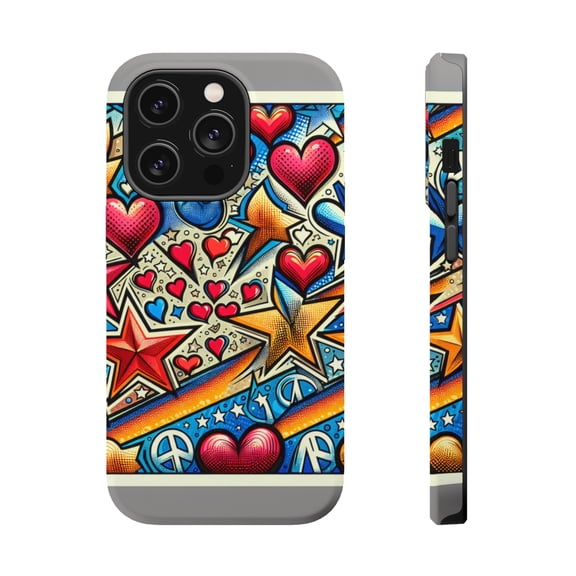 DistinctInk Tough Case for Apple iPhone 15 PRO (6.1" Screen), Compatible with MagSafe Charging - "Vibrant Street Art Pattern: Hearts, Stars, Peace Signs!"