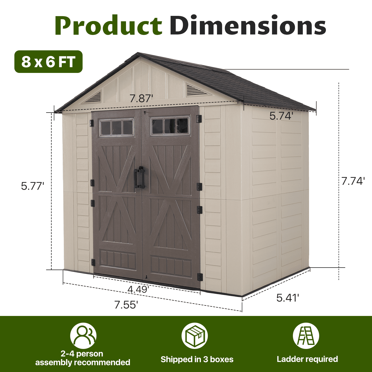 BaPiPro 8'x6' Resin Storage Shed with Floor, All-Weather Outdoor Shed with Window & Lockable Double Doors, Easy Assembly Outdoor Storage, Brown