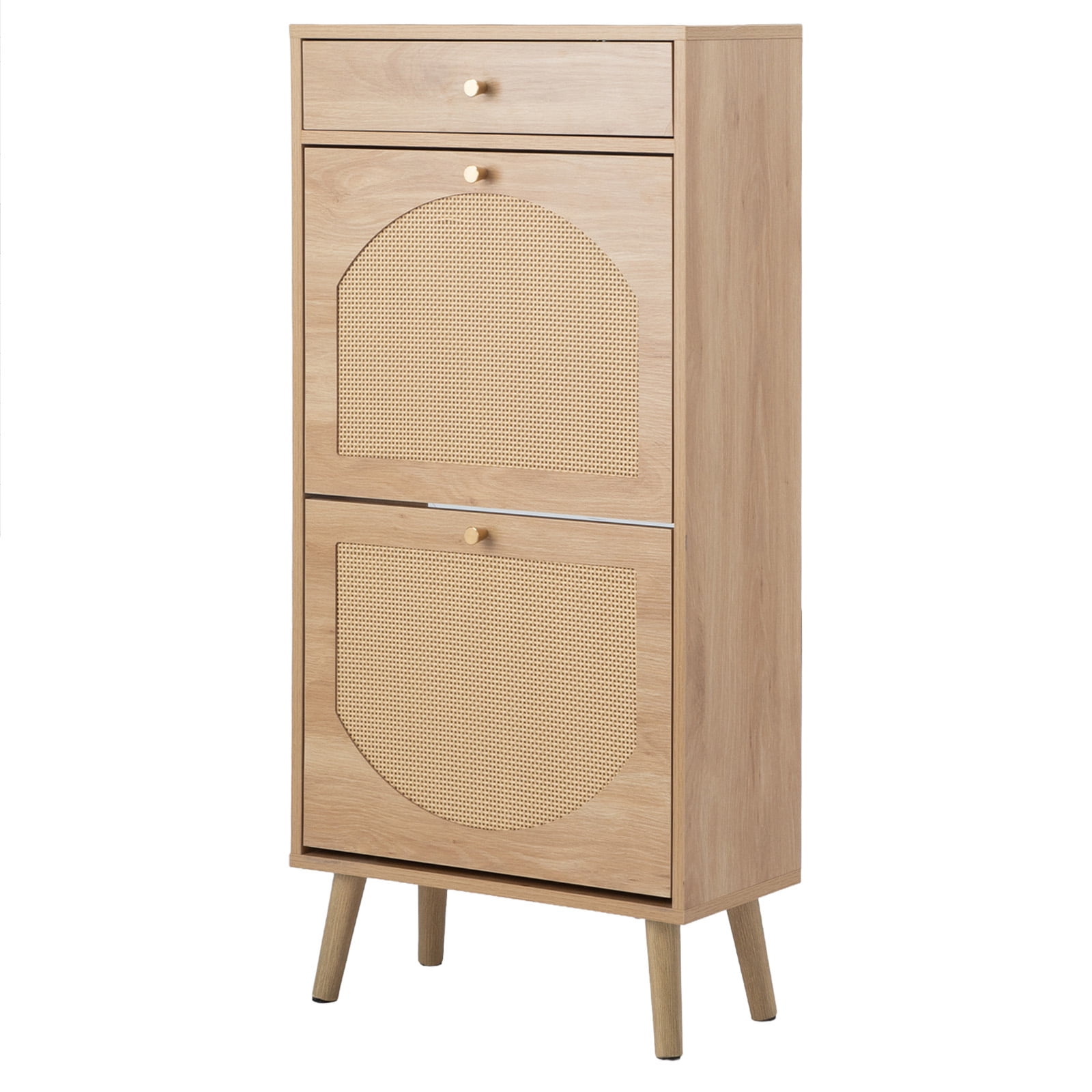 Shoe Cabinet with 1 Drawer & 2 Flip-Down Compartments, Natural Wood Finish Particle Board Shoe Storage Organizer, Space-Saving Entryway Cabinet for Hallway Apartment