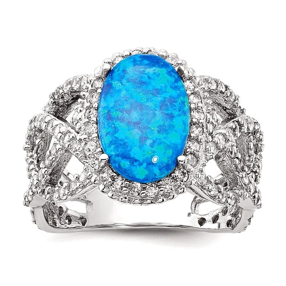15.25mm 925 Sterling Silver Rhodium Plated Blue Lab Simulated Opal and Cubic Zirconia Ring Size 9 Ring for Women