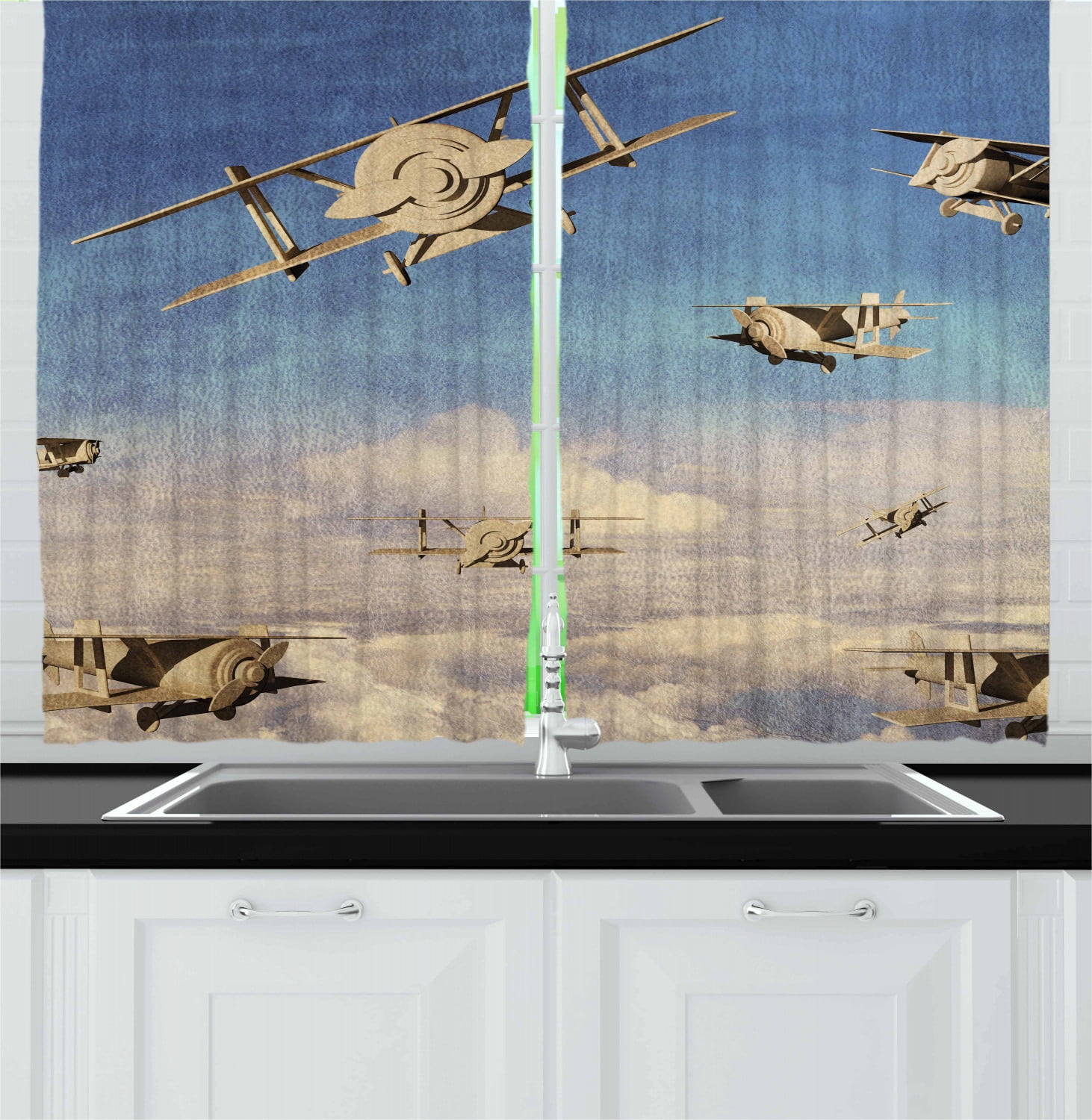 Airplane Curtains 2 Panels Set, 3d Style Retro Biplanes Flying on the