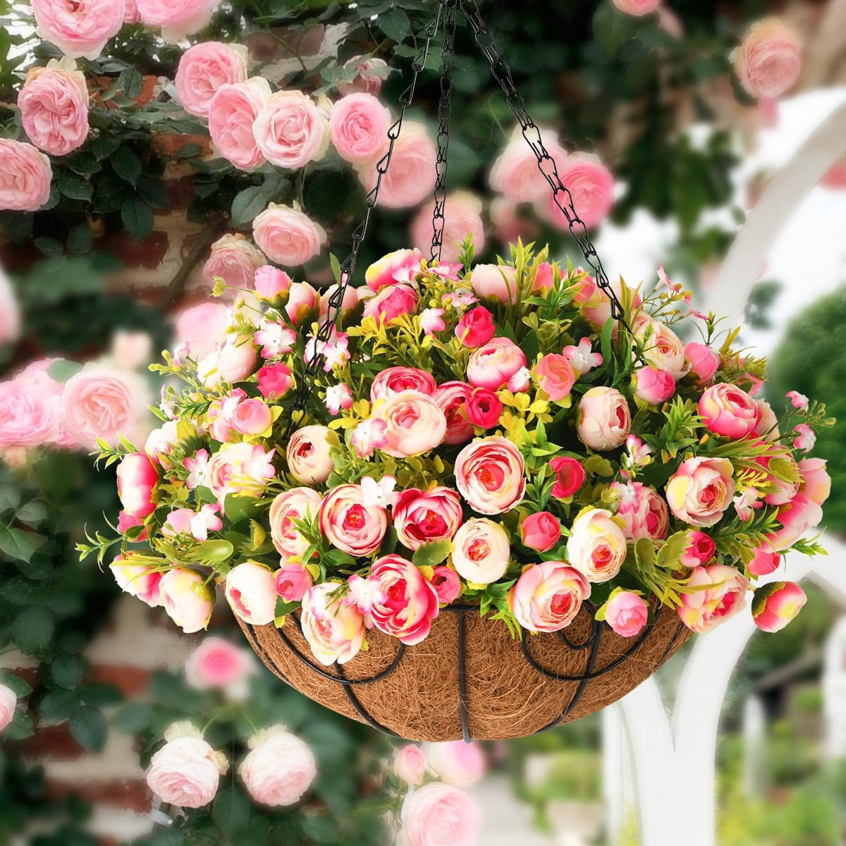 Artificial Fake Hanging Plants Flowers Basket for Spring Outdoor Decoration,Faux Silk Flowers Realistic UV Resistant in 12 inch Coconut Lining Baskets for Patio Decor(Rose red White)
