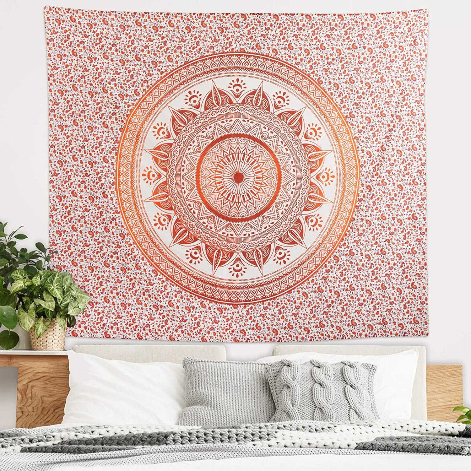 Americanflat Mandala Tapestry Wall Hanging - Boho Hippie Indie Colorful Decoration Artwork Blanket for Living Room, Bedroom, or College Dorm - Handcrafted in India 100% Cotton, Red Orange 50x60