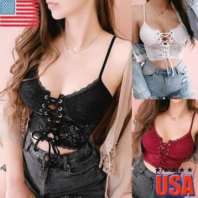 

Womens Sexy Lace Bra Bralette Bustier Crop Tops Lace Up Cami Vest Tank Tops US