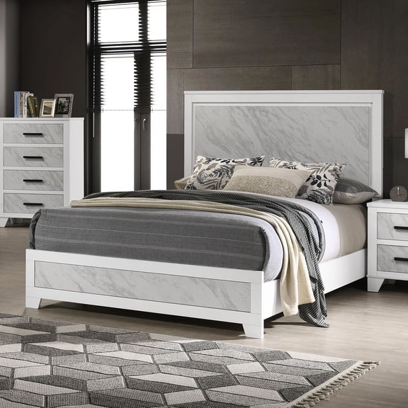 Bed Frame Contemporary White Color 1pc Queen Size Bed Beautiful Faux Marble Look Panel HB FB Bedroom Furniture