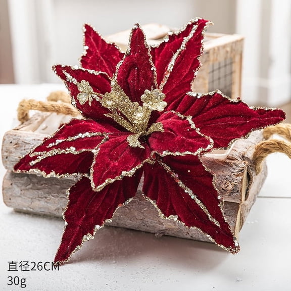 2Pcs 10 Inch Christmas Poinsettia Artificial Flowers, 26CM Red Floral Ornaments with Gold Glitter Edge, Xmas Tree Wreath Garland Holiday Decorations