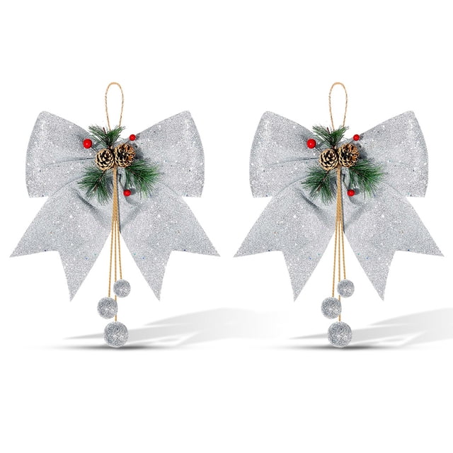 Billuyoard 2 piezas Feliz Navidad Bowknot Navidad Lentejuelas Guirnalda Adornos Bola de pino brillante Colgantes Corbata Artesanía Regalo Decoración Kits de decoración para fiestas Plata 2 piezas Billuyoard HA009456-03