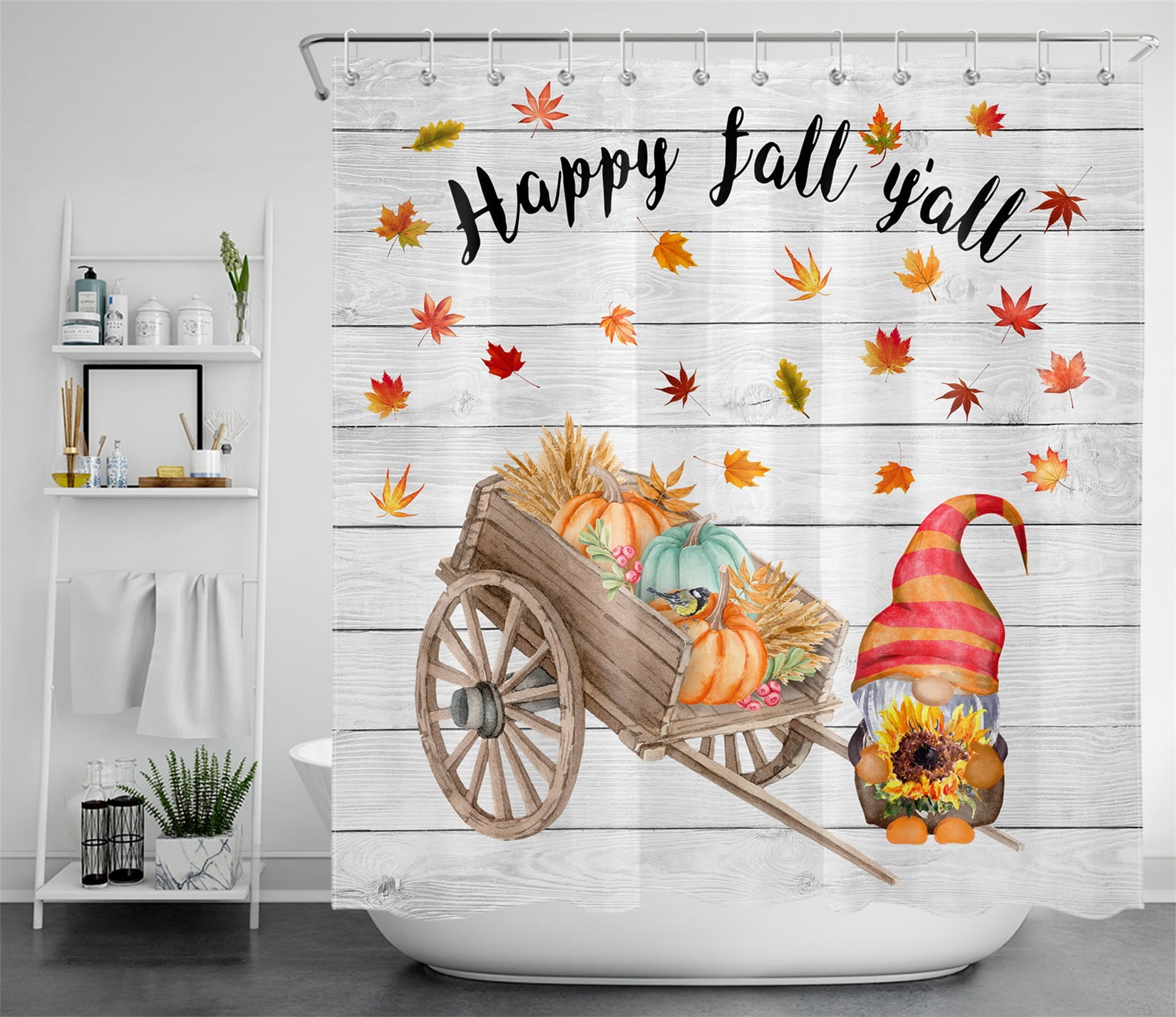 HVEST Fall Gnome Shower Curtain, Autumn Sunflowers with Maple Leaf and Pumpkins Trolley on Rustic Planks Shower Curtain Funny Gnomes Bathroom Polyester Fabric Decor Curtain with Hooks, 72X78 inches