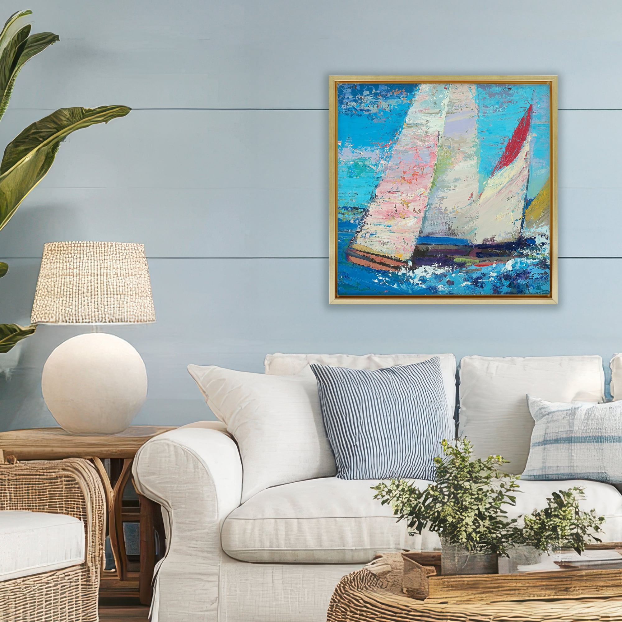 Stupell Industries Expressive Sailboats on Waves Gold Framed Floater Canvas Wall Art, design by Beth A. Forst