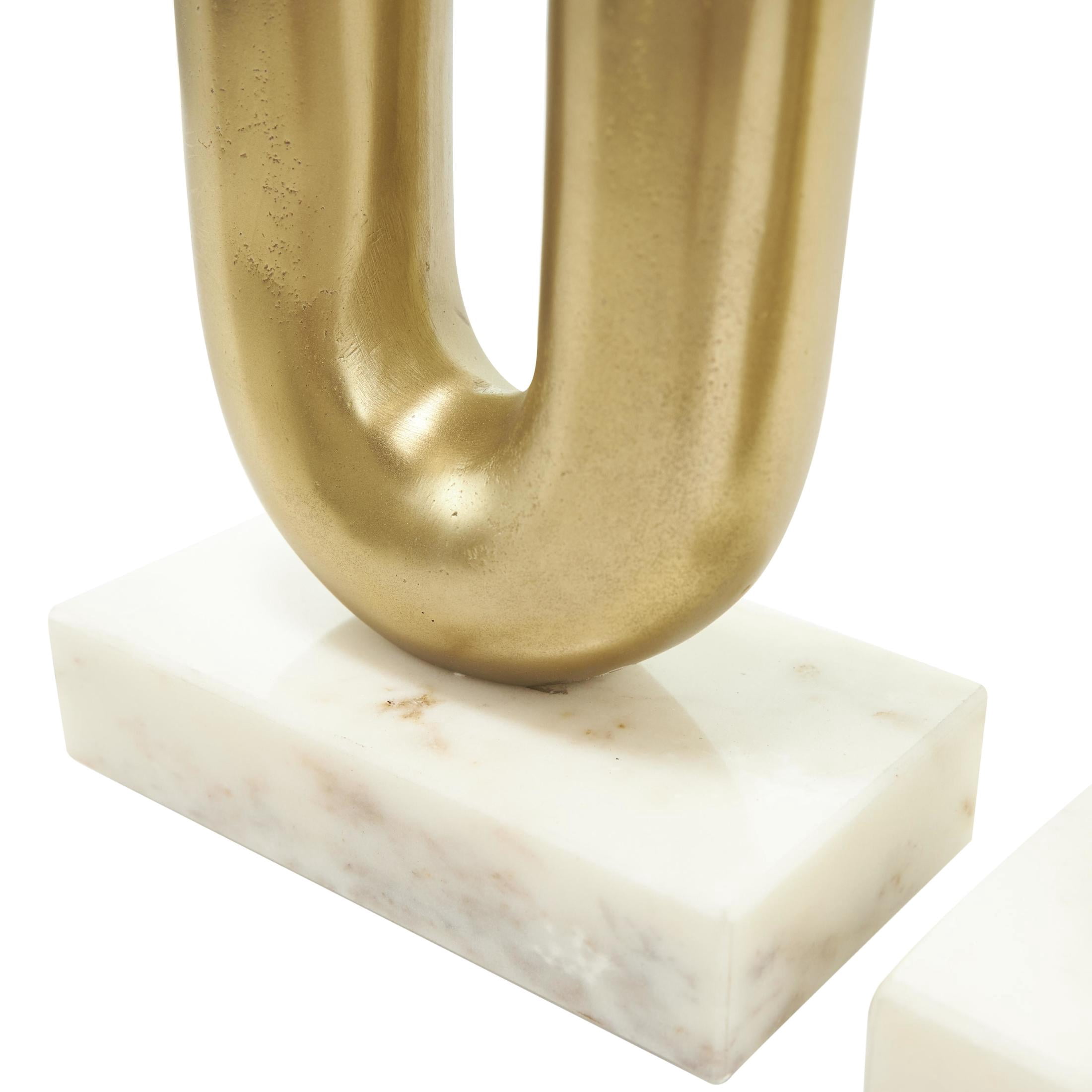 DecMode 4 Candle Gold Aluminum Metal Geometric U-Shaped Candle Holder with Marble Bases, Set of 2