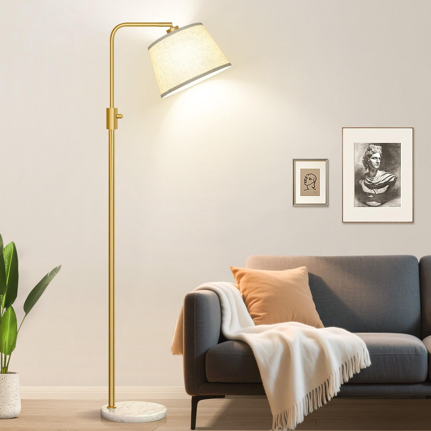 Floor Lamp Gold-White Shade-Marble Base Dimmable Standing Lamp for Living Room and Bedroom