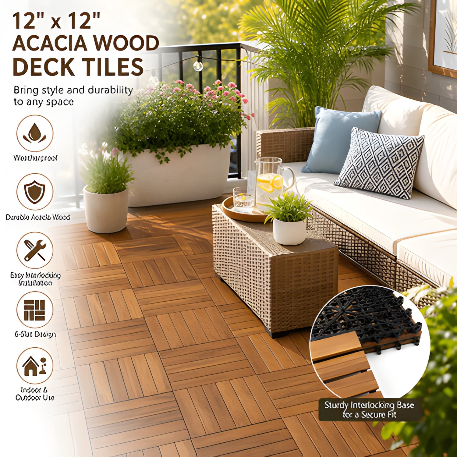 12" x 12" 6-Slat Acacia Wood Interlocking Deck Tiles, Weatherproof Floor Tiles for Patio, Balcony, Poolside, Bathroom & Indoor/Outdoor Use