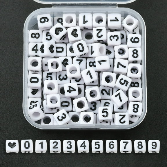 1 box Opaque White Acrylic Beads Cube with Black Number Heart White 6x6x6mm Hole: 3.5mm 100pcs/box