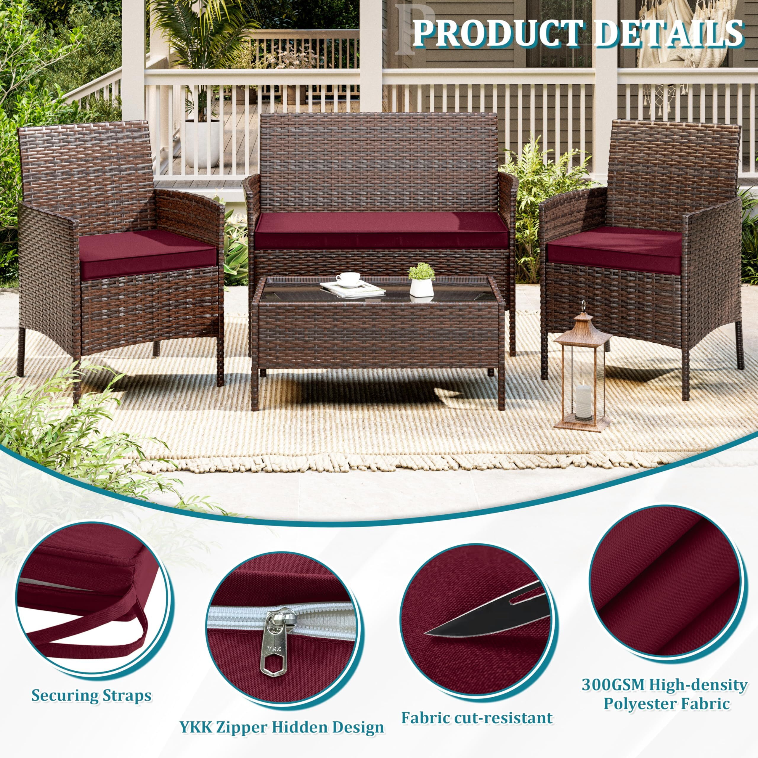 Pakunoda 3Pcs Patio Cushion Covers 4-Seater Outdoor Cushion Slipcovers Replacement with Zipper for Garden Couch Wicker Rattan Sofa Furniture, Cover Only, Burgundy
