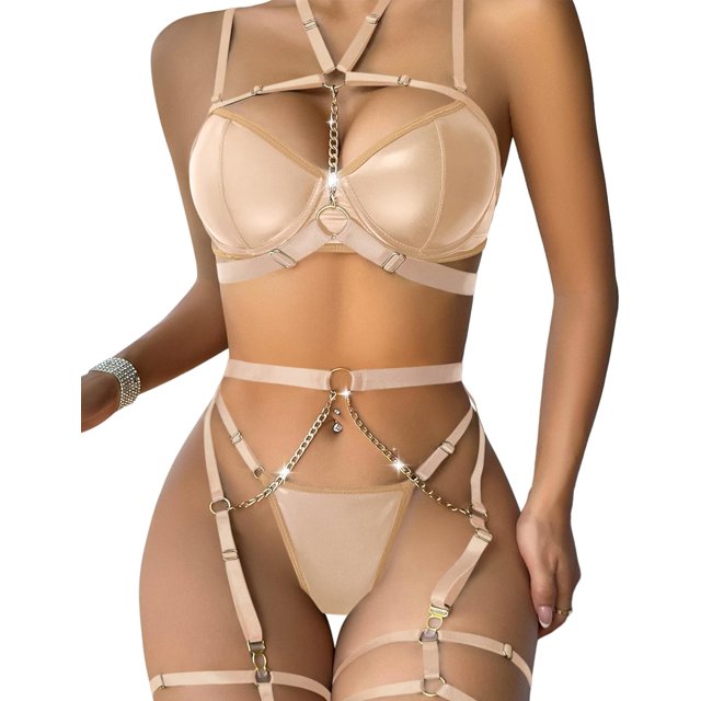 Sexy Pu Leather Strappy Underwire Garter Belt Lingerie Set