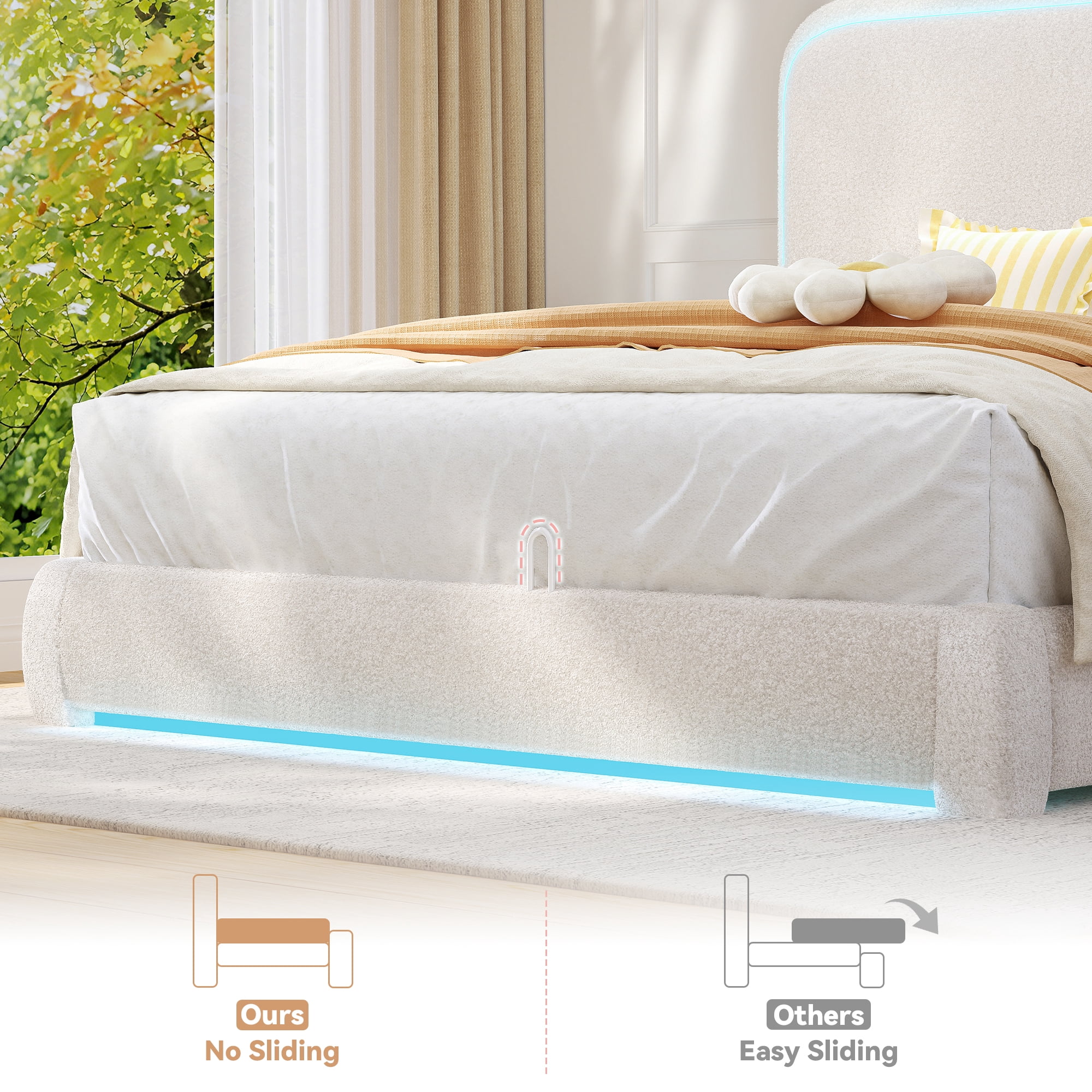SIBEDS Queen LED Bed Frame, Teddy Fleece Upholstered Platform Bedframe, No Box Spring Needed, Cream