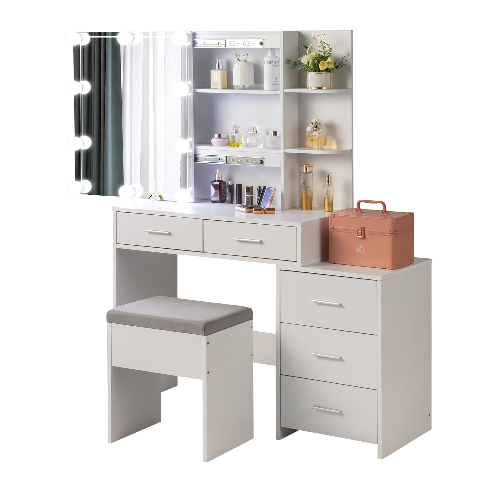 Ktaxon Vanity Set with 3 Color Lighted Mirror, Makeup Table with 3 Storage Shelves & Drawers, Dressing Table Makeup Desk with Stool,White