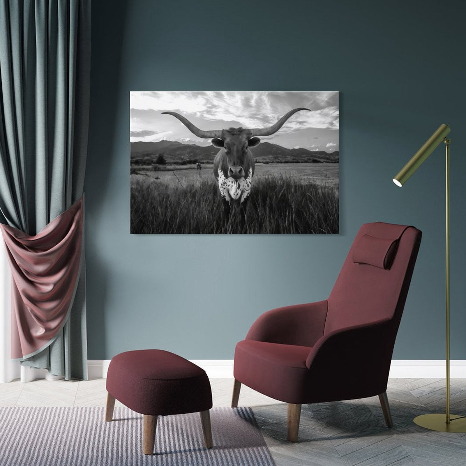 YarnArtistry Black and White Texas Animal Canvas Wall Art Highland Cattle with Long Horns Picture Longhorn in Sunset Farm Painting for Home Decor Modern Living Room Decorations