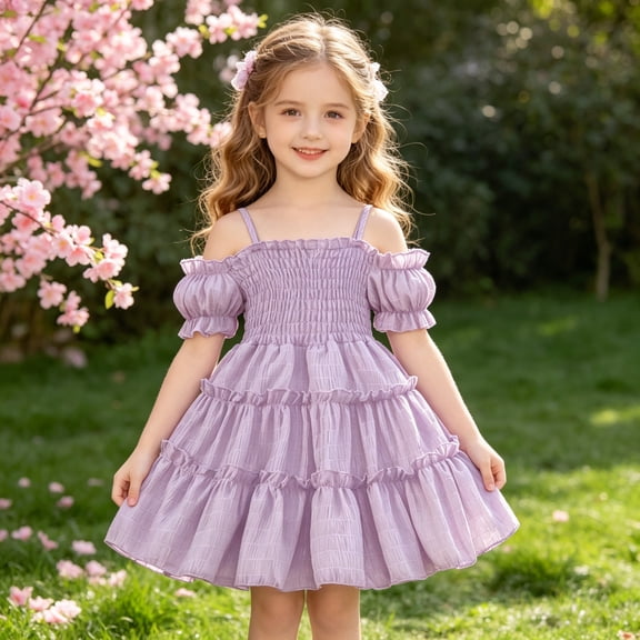 DAETIROS Girls Off Shoulder Sundress Puff Sleeve Bubble Pleated Toddler Party Princess Dress with Smocked Chest & Ruffled Tiered Skirt – Summer Casual