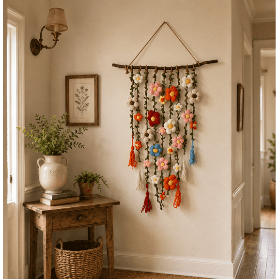 31.5'' Bohemian Crochet Flower Wall Hanging Decoration, Handmade Boho Floral Charm with Sustainable Materials for Living Room Bedroom and Cafe Boho Home Decor