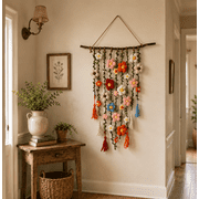 31.5'' Bohemian Crochet Flower Wall Hanging Decoration, Handmade Boho Floral Charm with Sustainable Materials for Living Room Bedroom and Cafe Boho Home Decor