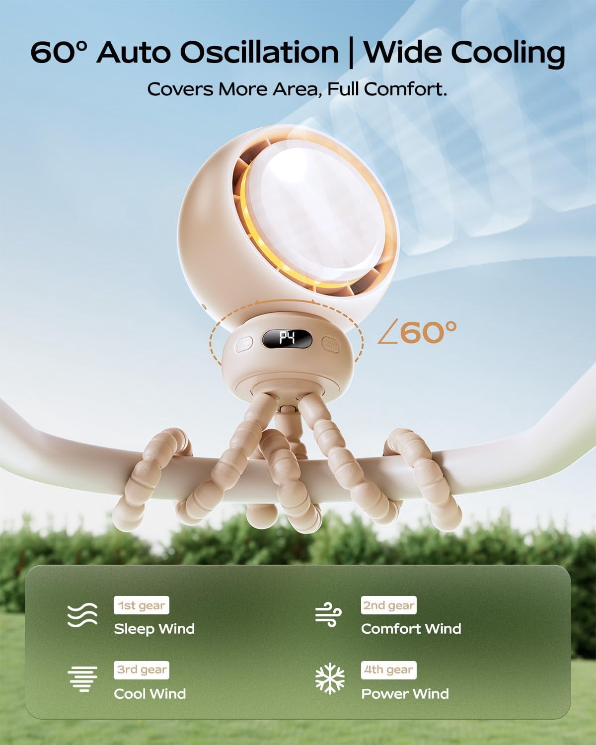 Mini Portable Stroller Fan – 60° Auto Oscillation, Quiet USB-C Rechargeable Baby Fan, 4 Speeds, Night Light & Warning Light, Flexible Tripod for Stroller, Car Seat, Crib, Camping (Mint Green)