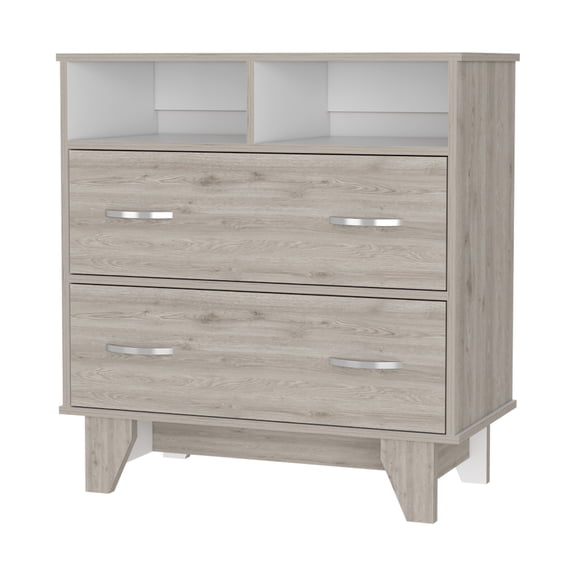 Nmkwnr 2 Drawer Dresser with 2 Opne Shelves, Wood Storage Cabinet for Living Room, Bedroom, Light Brown White