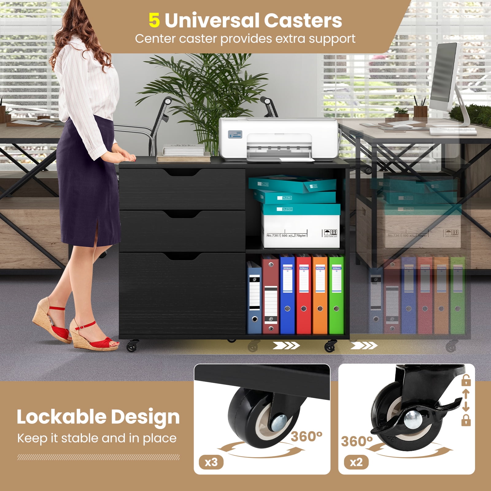 Giantex Rolling File Cabinet, Lateral Filing Cabinet w/Open Storage Shelves, Under Desk Storage Organizer, Mobile Printer Stand, Black
