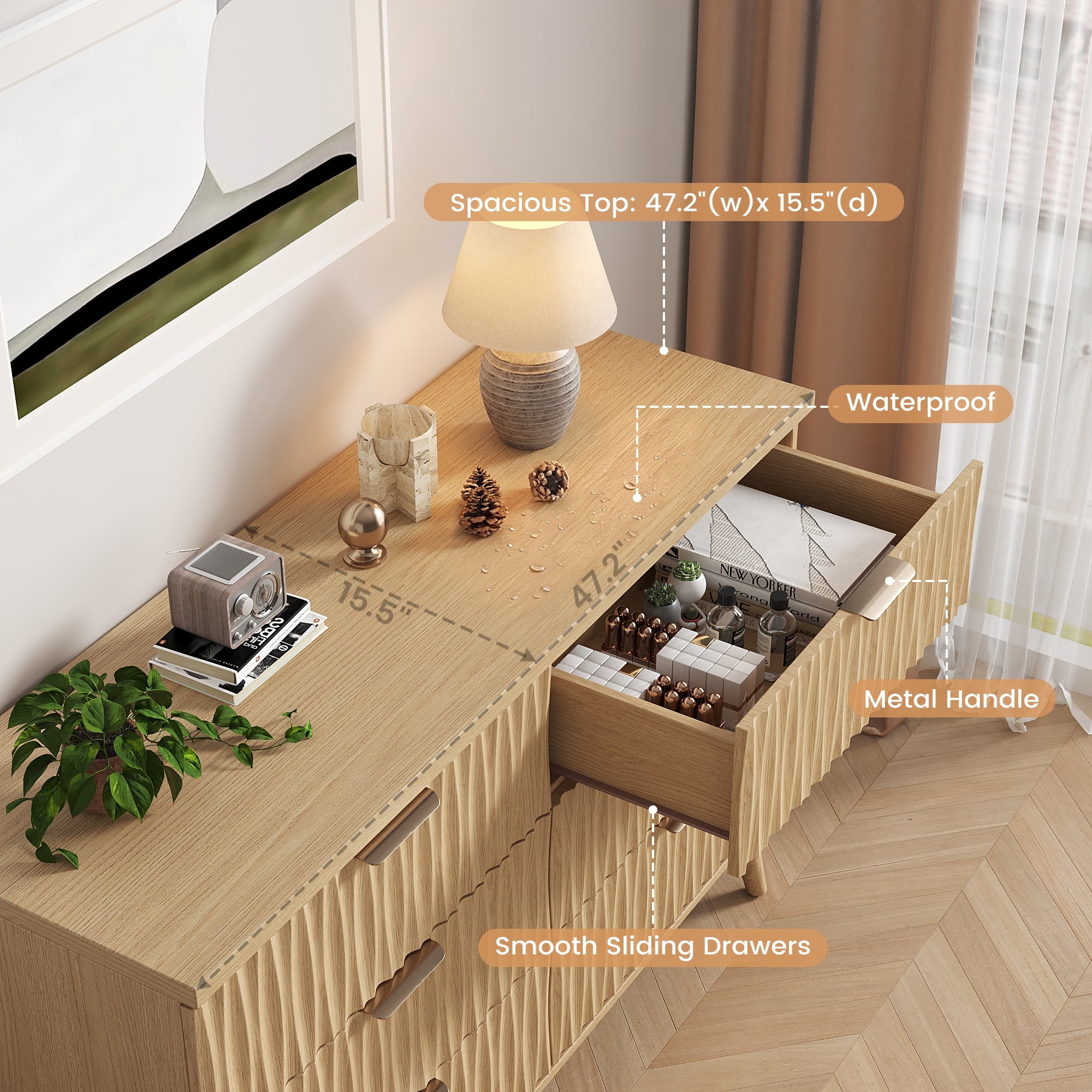 47"W Fluted 6 Drawers Dresser for Bedroom, Modern Chest of Drawers with Metal Handle, Wooden TV Stand for Living Room, Hallway