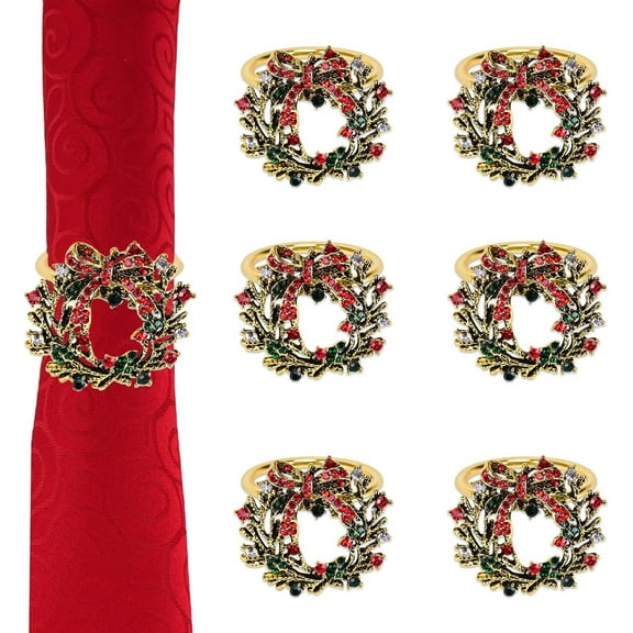 6PCS Christmas Wreath Napkin Rings, Gold Metal Rhinestone Napkin Ring Holders for Christmas, Thanksgiving Decoration Party Dining Table Settings