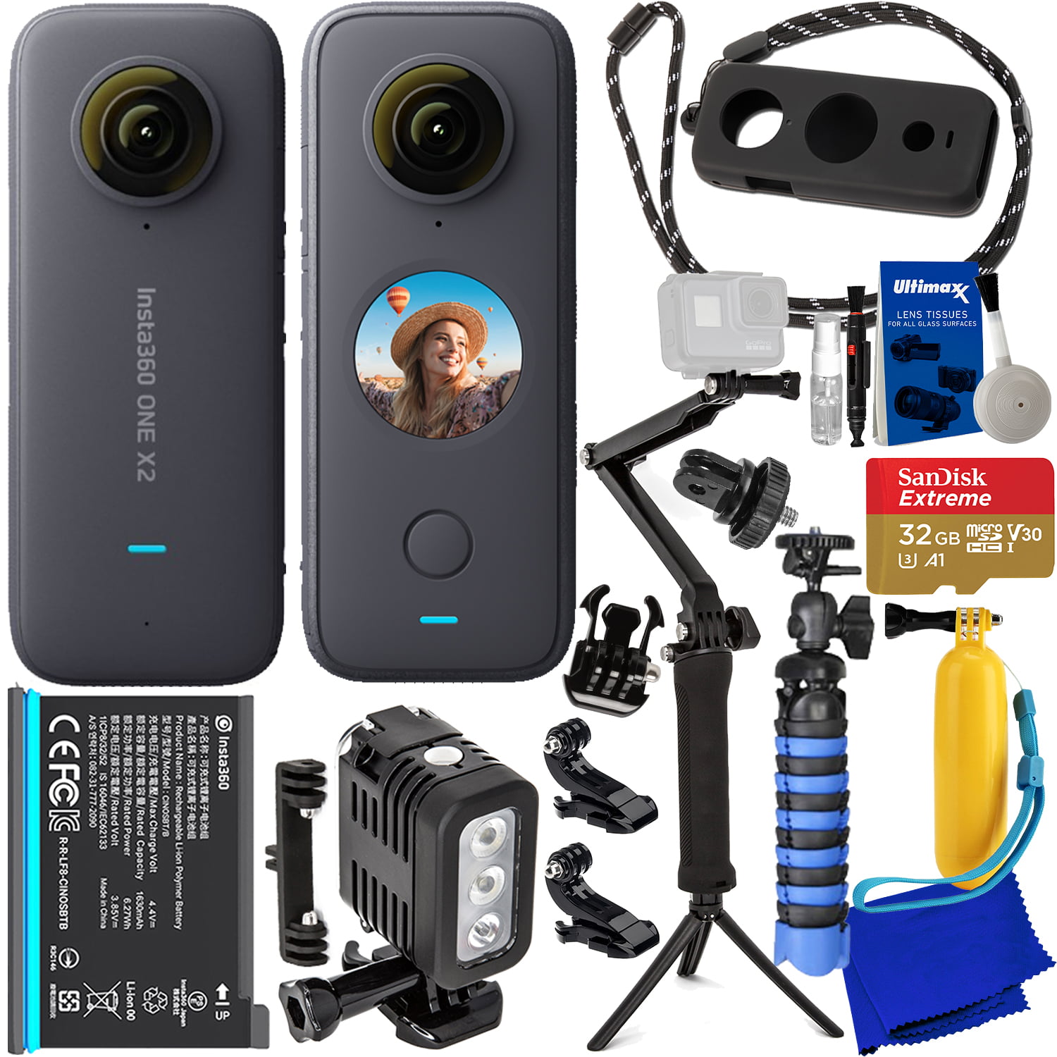 Insta360 ONE X2 with Advanced Action Bundle: Bundle Includes – SanDisk 64GB  Extreme MicroSD Card, 3-Way Selfie Stick/Tripod, Floating Hand Grip, 