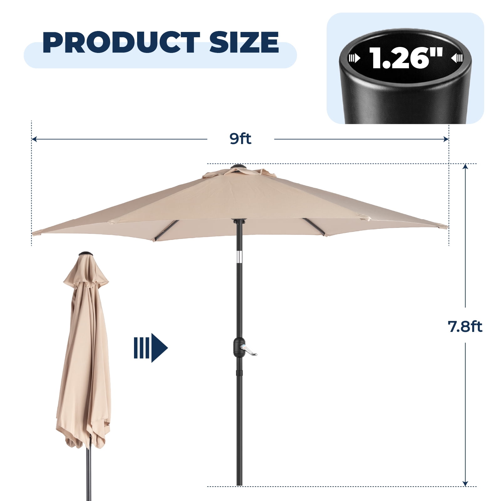 9ft Patio Umbrella, Beige Solution-Dyed Polyester Canopy with UPF 50+ Sun Protection, Crank Tilt & Wind Resistance