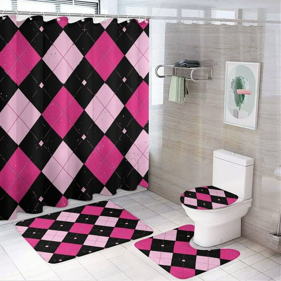 Pink Black Diamond Pattern Textured Background Shower Curtain Bathroom Sets Toilet Lid Rug, Rugs Mat Bath Mat And Contour Mat, Shower Curtain 4Pcs