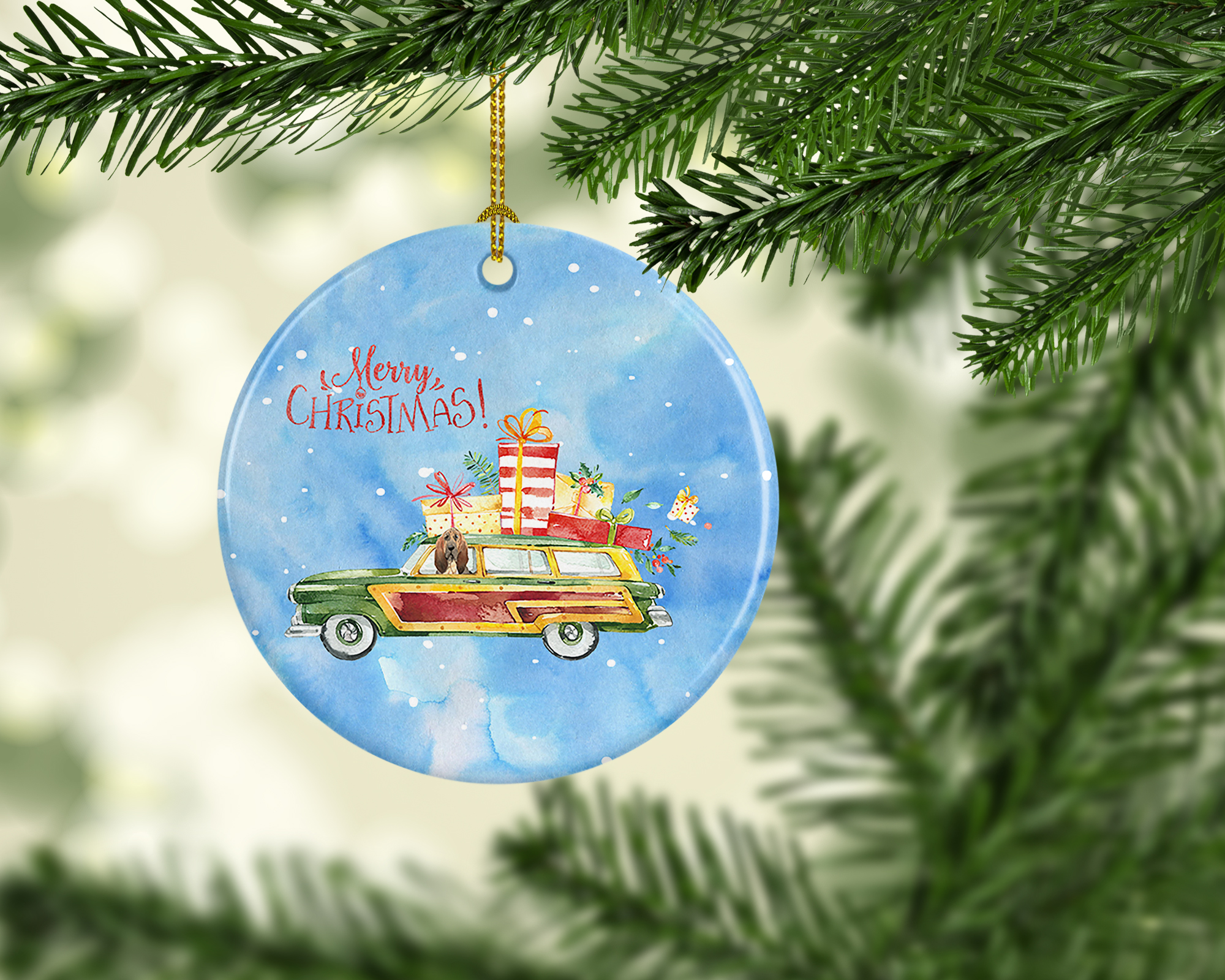 Merry Christmas Bloodhound Ceramic Ornament 2.8 in x 2.8 in