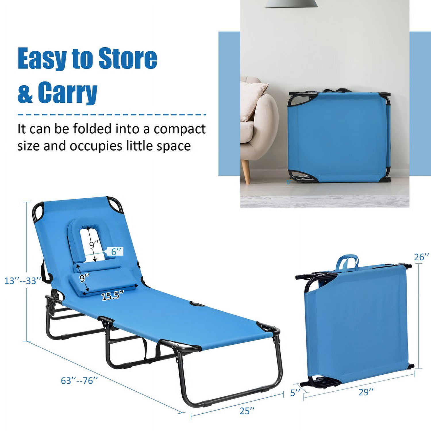 Aimee Lii Outdoor Folding Chaise Beach Pool Patio Lounge Chair Bed with Adjustable Back and Hole, Patio Loungers, Blue