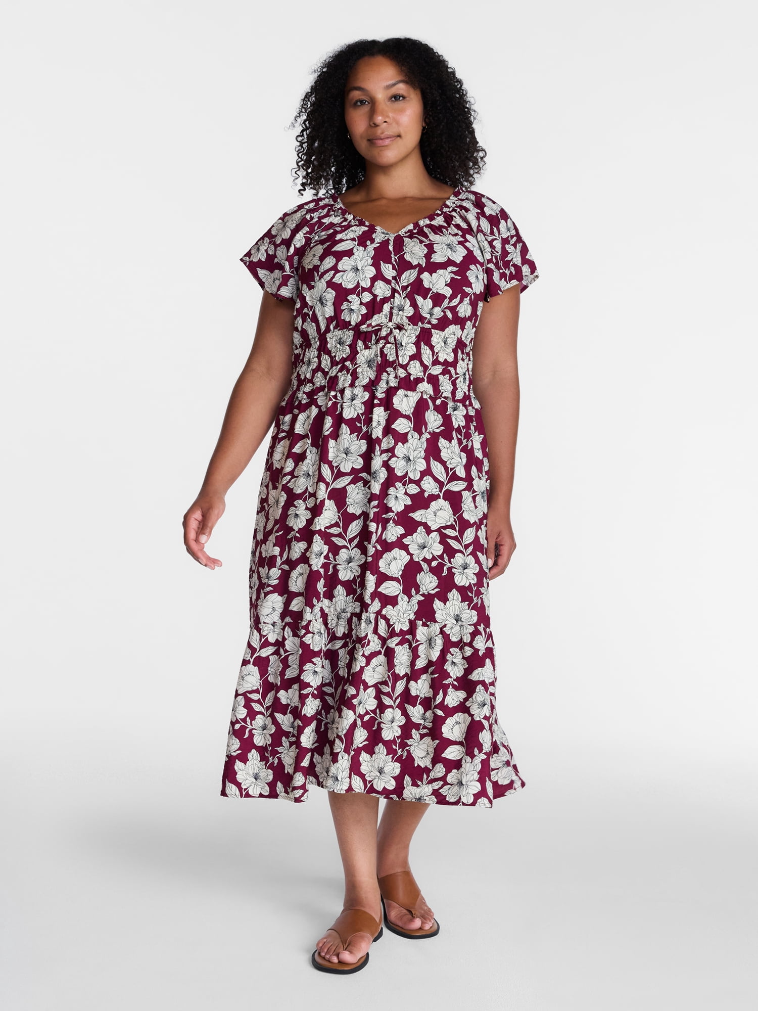 Time and Tru Women's Tiered Midi Dress with Flutter Sleeves, Sizes XS-XXXL