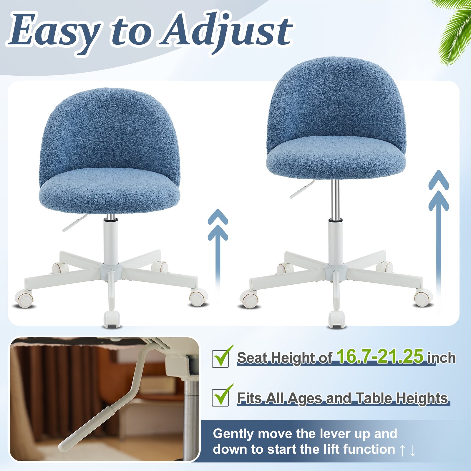 Ktaxon Armless Home Office Desk Chair Cute Mid Back Vanity Stool Teddy Velvet Swivel Task Chairs with Wheels Blue