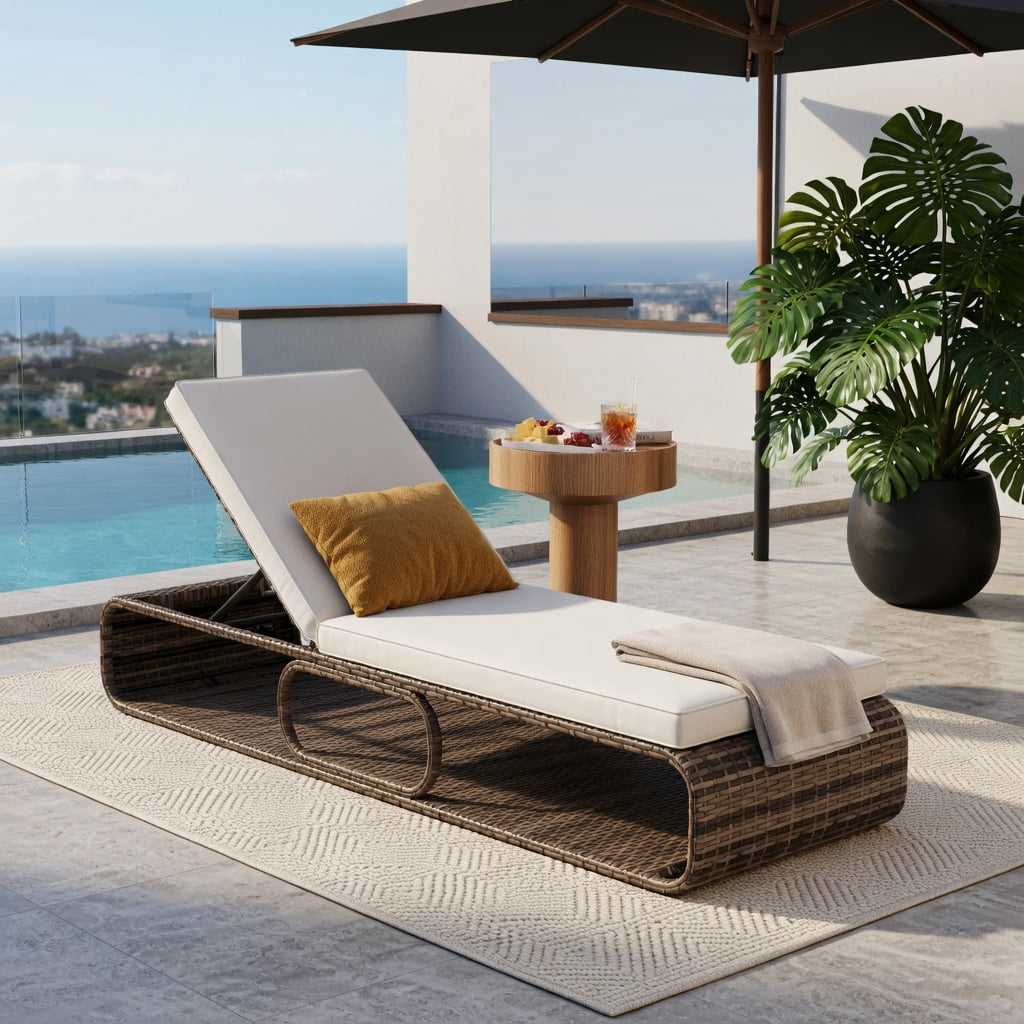 Hommoo 7-Position Adjustable PE Rattan Outdoor Chaise Lounge Chair with Removable Cushion, for Patio, Poolside & Backyard, White