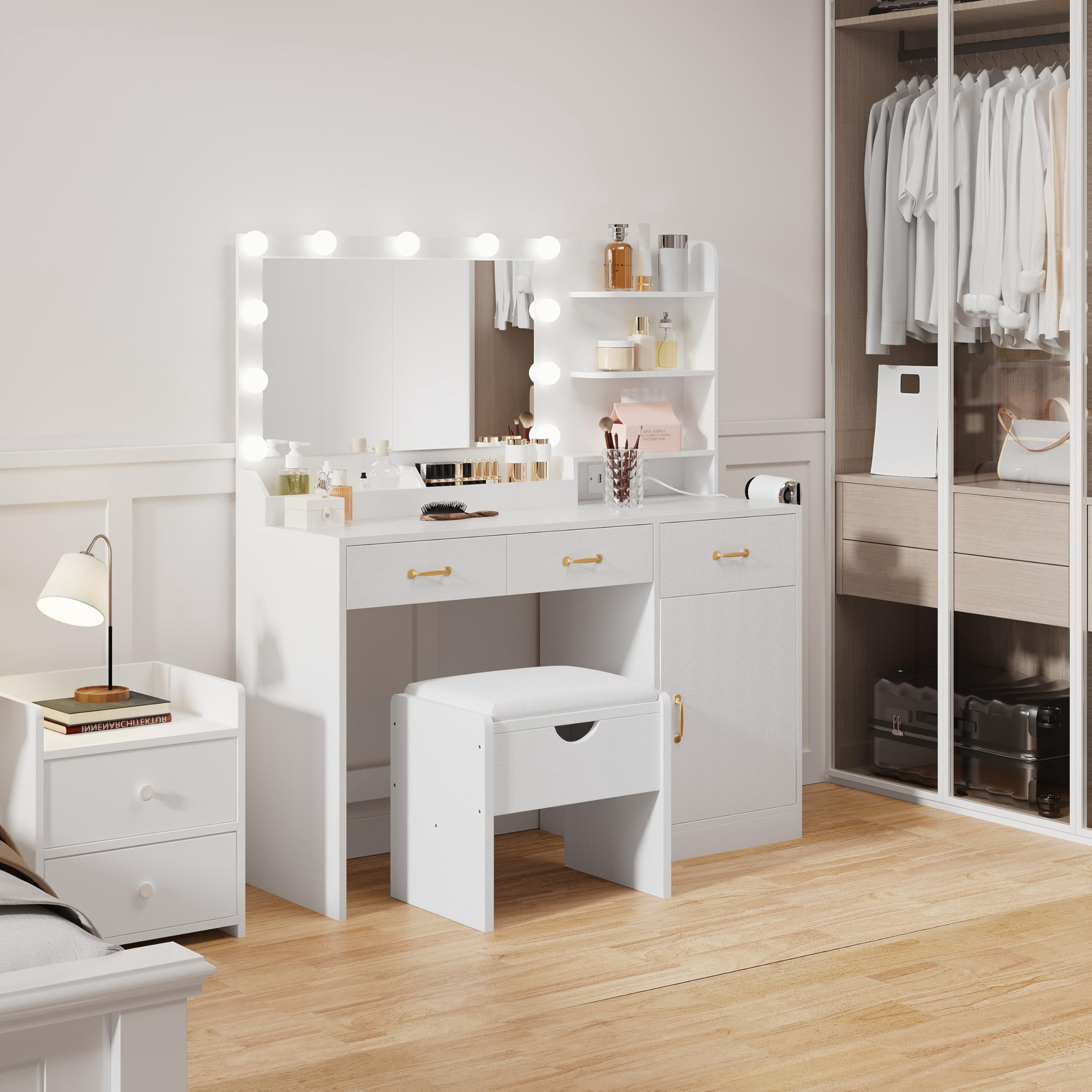 Vanity Desk with Lighted Mirror & Power Outlet, Modern Makeup Vanity Table with Drawers, Cabinets & Stool for Bedroom