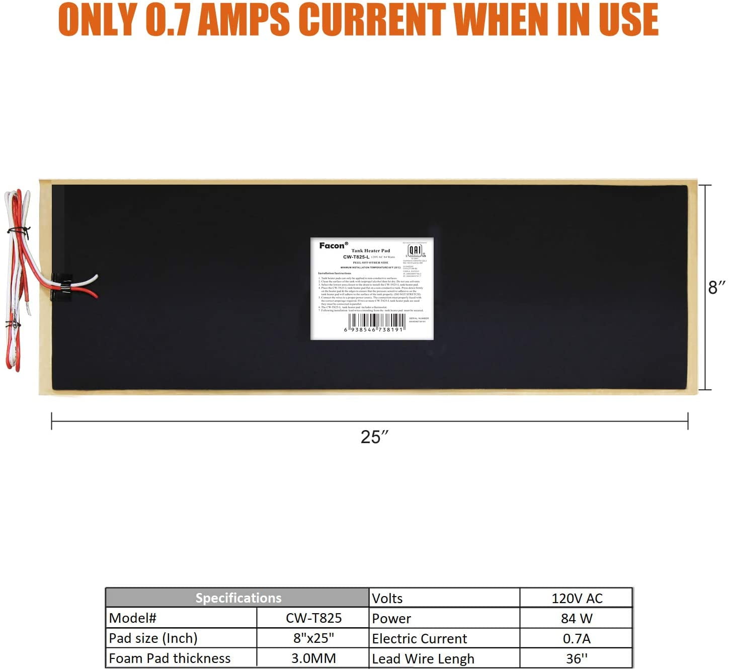 Facon 8.0"x25" RV Tank Heater Pad with Automatic Thermostat Control, Up to 50 Gallons Fresh Water / Grey Water / Black Water holding Tank Heating Pad, 120Volts AC